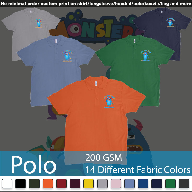 Dojo Monsters Blue Add Your Own Custom Text Polo Shirts Samples On Demand Printing Bali